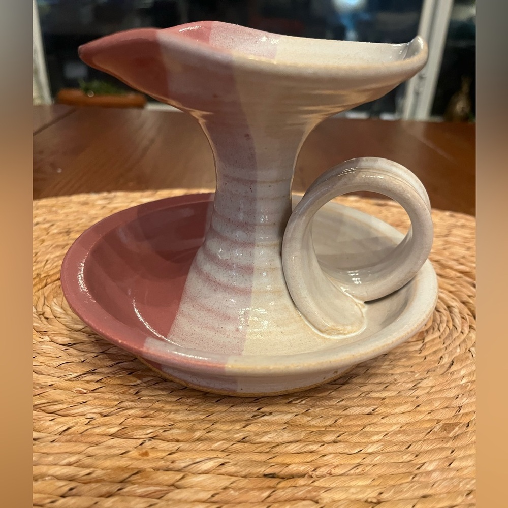 Hand Thrown Studio Pottery Chamberstick Candle Holder- Pink & Cream Stoneware